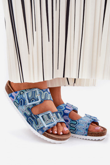 Chinelos femininos com fivelas e brilhantes S.Barski RB51-006 cor azul