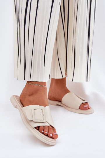 Chinelos de couro Feminino com fivelas D&A SJ2302-01 bege 2