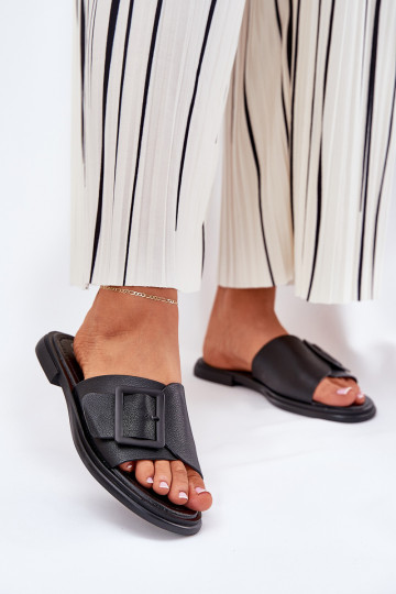 Chinelos de couro Feminino com fivelas D&A SJ2302-01 cor preta