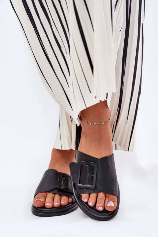 Chinelos de couro Feminino com fivelas D&A SJ2302-01 cor preta