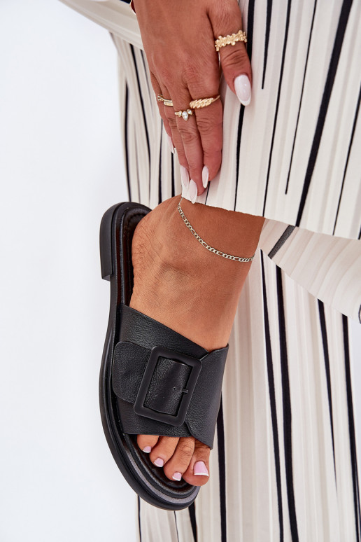 Chinelos de couro Feminino com fivelas D&A SJ2302-01 cor preta