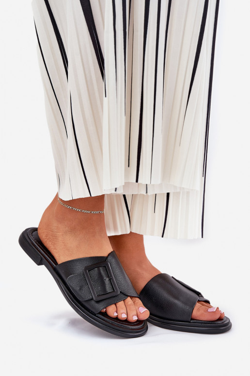 Chinelos de couro Feminino com fivelas D&A SJ2302-01 cor preta