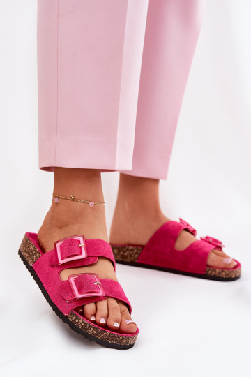 Chinelos femininos com fivelas Com sola de cortiça cor rosa com coraçõesle 2
