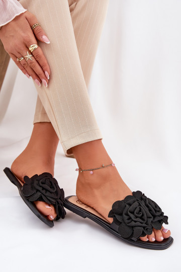 Chinelos femininos com salto largo Com decoraçõesi com motivos floraisami cor preta Misorsse
