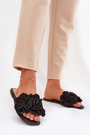 Chinelos femininos com salto largo Com decoraçõesi com motivos floraisami cor preta Misorsse 2