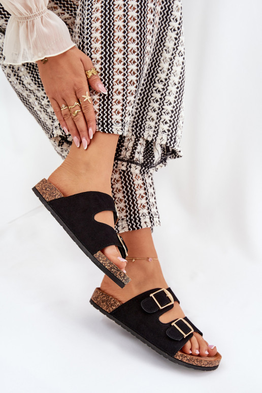 Chinelos femininos com uma plataforma Ze cor douradami com fivelasmi cor preta Lisavionea