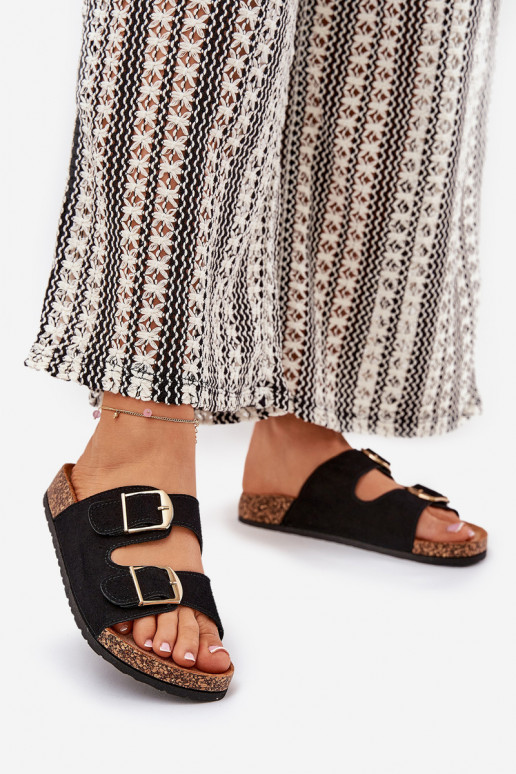 Chinelos femininos com uma plataforma Ze cor douradami com fivelasmi cor preta Lisavionea