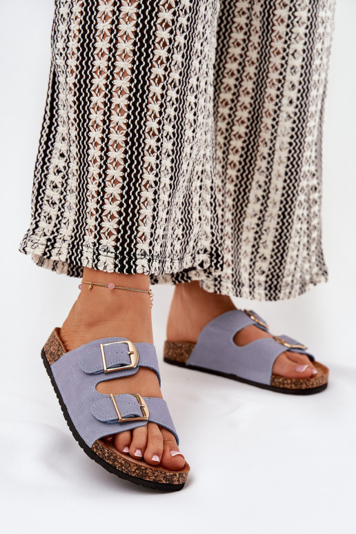 Chinelos femininos com uma plataforma Ze cor douradami com fivelasmi cor azul Lisavionea