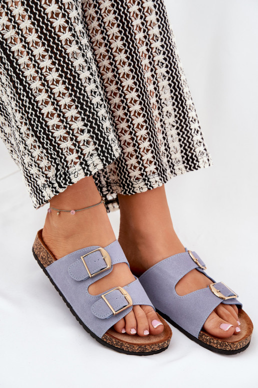 Chinelos femininos com uma plataforma Ze cor douradami com fivelasmi cor azul Lisavionea