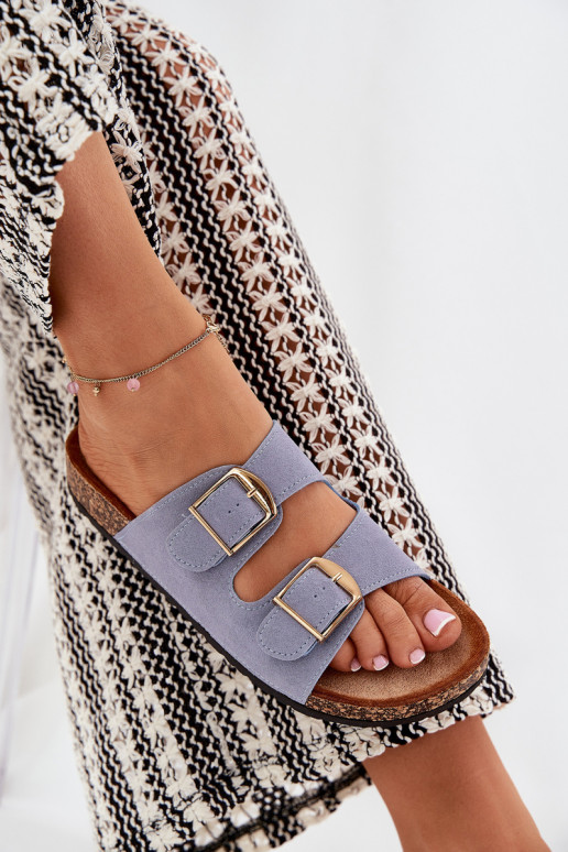 Chinelos femininos com uma plataforma Ze cor douradami com fivelasmi cor azul Lisavionea