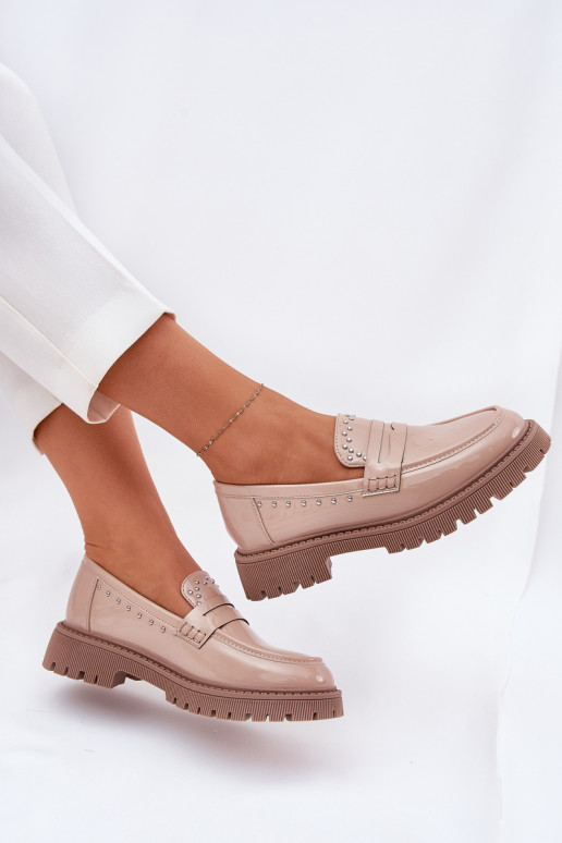 mocassins femininos com efeito verniz Com decoração bege Habilitadollae