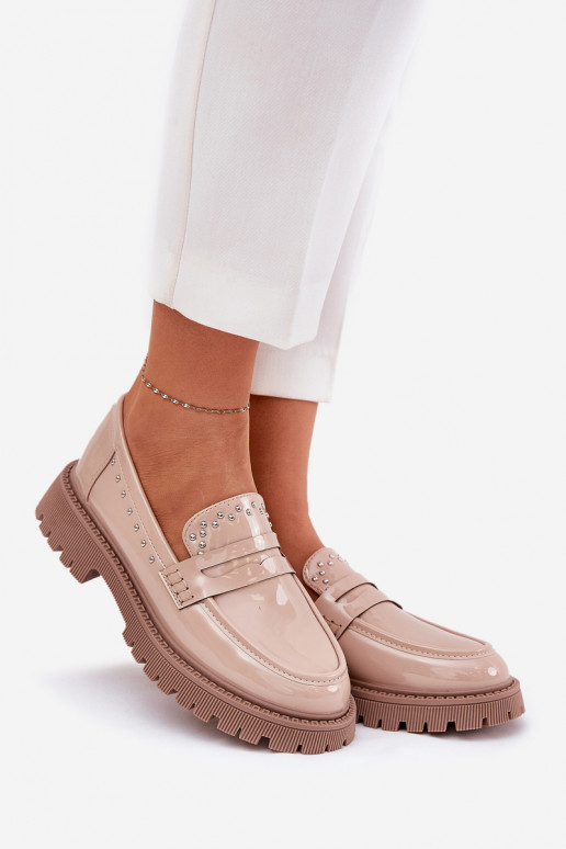 mocassins femininos com efeito verniz Com decoração bege Habilitadollae