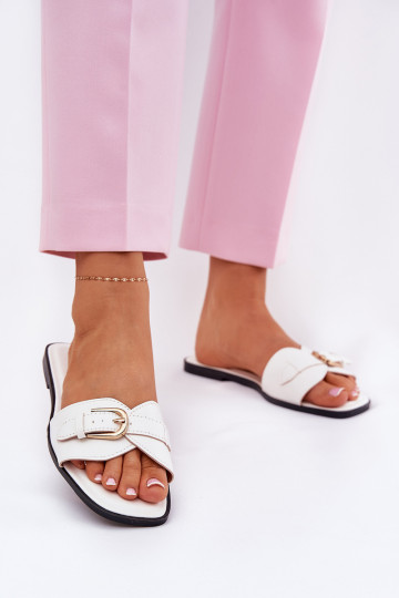 isósceles Chinelos femininos com fivelas douradas cor branca Esiobb