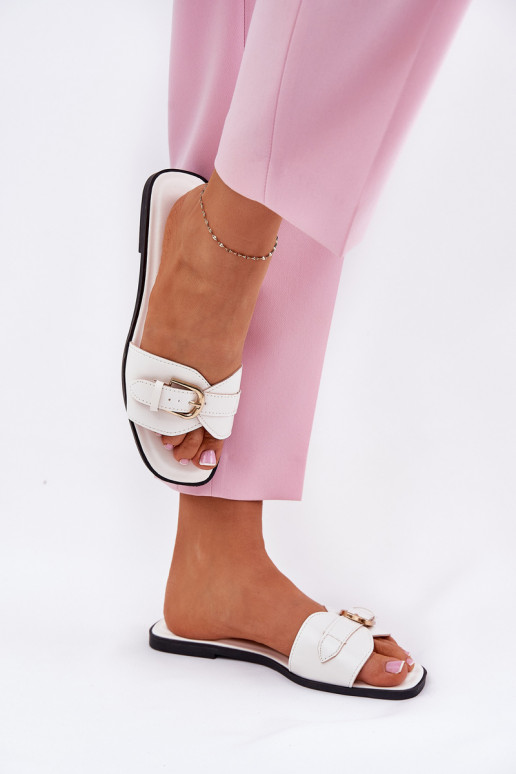 isósceles Chinelos femininos com fivelas douradas cor branca Esiobb