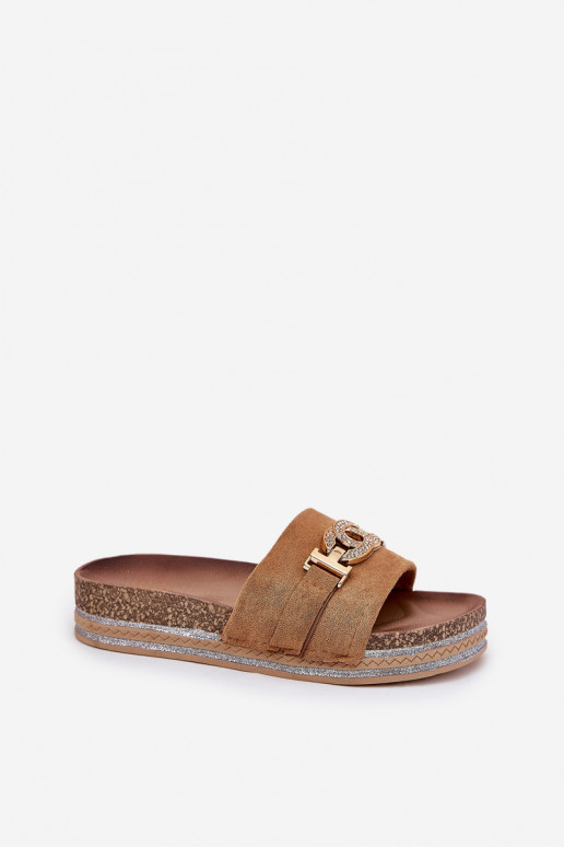 Chinelos femininos Ze cor douradam Detalem com uma plataforma com brilho cor marrom Eanes