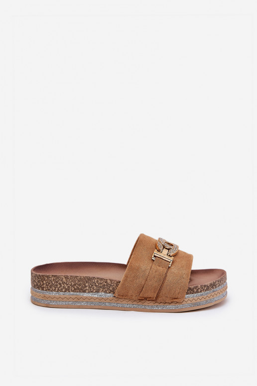 Chinelos femininos Ze cor douradam Detalem com uma plataforma com brilho cor marrom Eanes