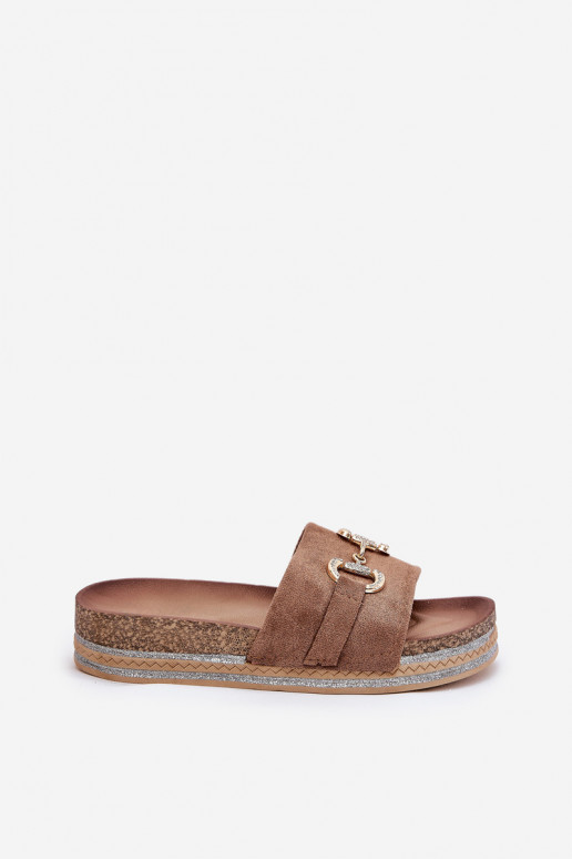 Chinelos femininos com uma plataforma com detalhes dourados E brilho cor cáqui Morisela