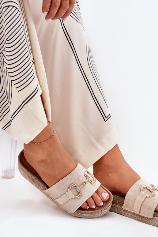 Chinelos femininos com uma plataforma com detalhes dourados E brilho bege Morisela