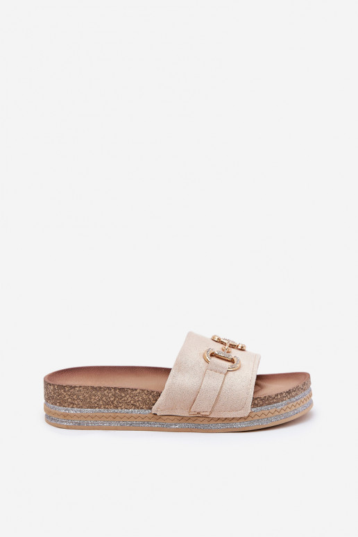 Chinelos femininos com uma plataforma com detalhes dourados E brilho bege Morisela