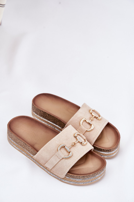 Chinelos femininos com uma plataforma com detalhes dourados E brilho bege Morisela