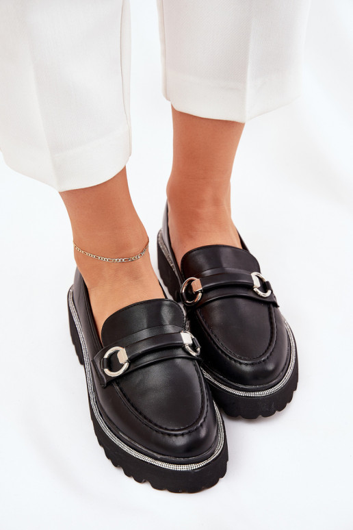 mocassins femininos Decorado Cyrkoniami cor preta Patina