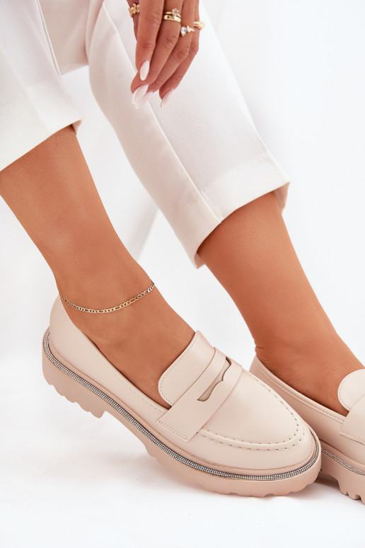 mocassins femininos Eko Pele com olhos brilhantes bege EMilamla