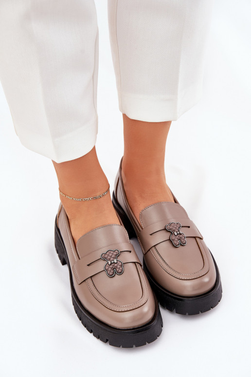 Pele mocassins femininos Z Przypinką ursinhos de pelúcia Vinceza 18109 bege