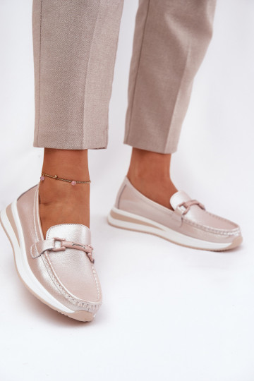 Pele mocassins femininos S.Barski GR51-598 cor rosa pérola