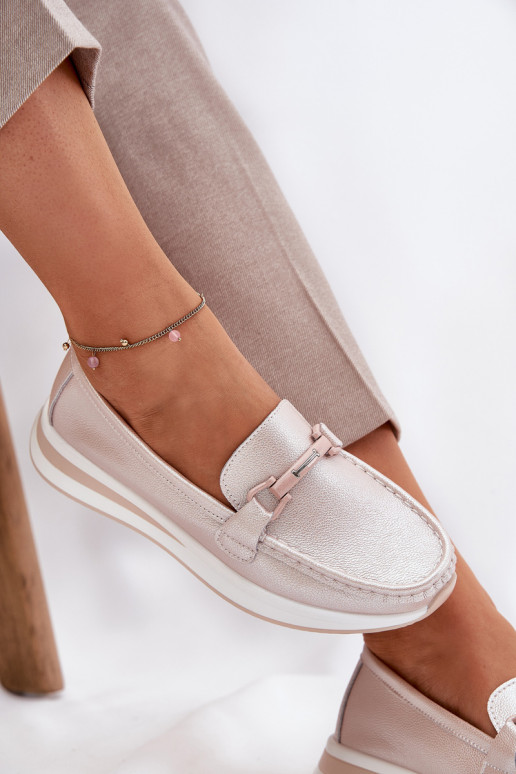 Pele mocassins femininos S.Barski GR51-598 cor rosa pérola