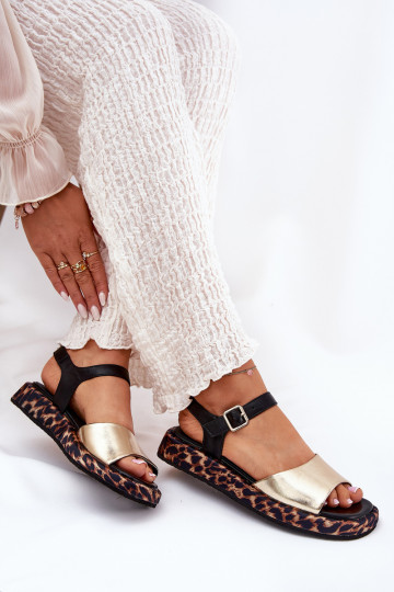 sandálias Pele Feminino com uma plataforma e escritos S.Barski JC51-347 cor dourada