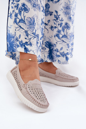 Pele mocassins femininos com elementos abertos Vinceza 88028 bege