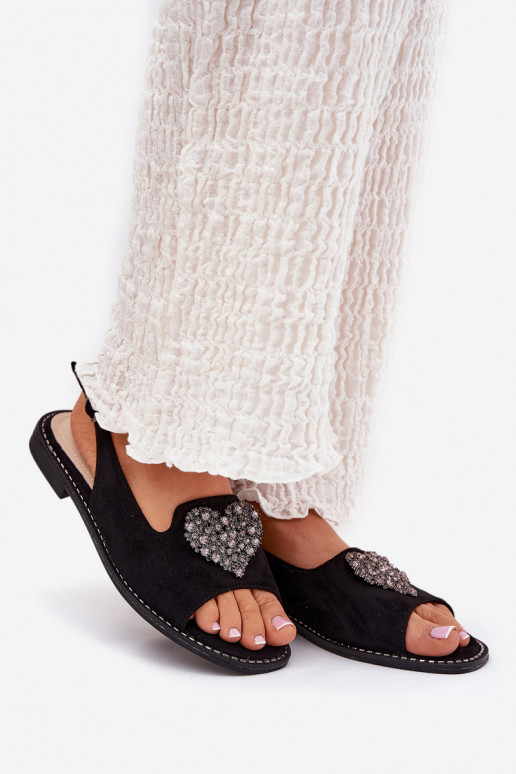 Sandálias femininas Com decorações com coraçõesm S.Barski KV27-018 cor preta Sandálias femininas Com decorações com coraçõesm S.Barski KV27-018 cor preta