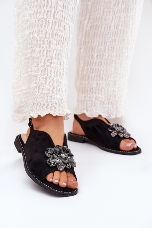 Sandálias femininas com salto largo com enfeites S.Barski KV27-001 cor preta Sandálias femininas com salto largo com enfeites S.Barski KV27-001 cor preta