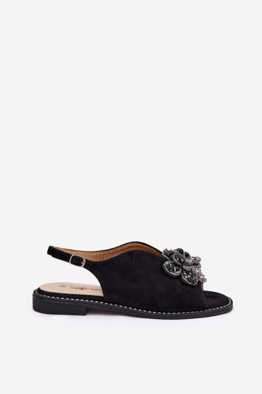 Sandálias femininas com salto largo com enfeites S.Barski KV27-001 cor preta Sandálias femininas com salto largo com enfeites S.Barski KV27-001 cor preta