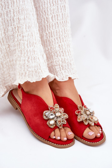 Sandálias femininas com salto largo com enfeites S.Barski KV27-001 cor vermelha