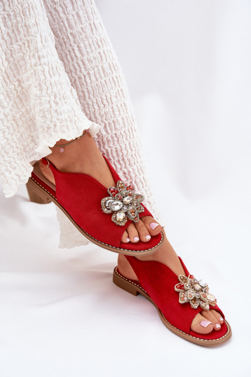 Sandálias femininas com salto largo com enfeites S.Barski KV27-001 cor vermelha Sandálias femininas com salto largo com enfeites S.Barski KV27-001 cor vermelha