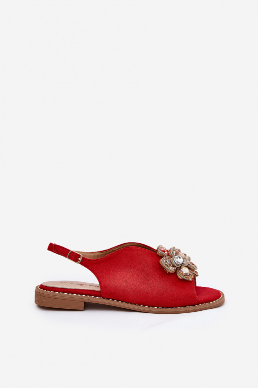 Sandálias femininas com salto largo com enfeites S.Barski KV27-001 cor vermelha Sandálias femininas com salto largo com enfeites S.Barski KV27-001 cor vermelha