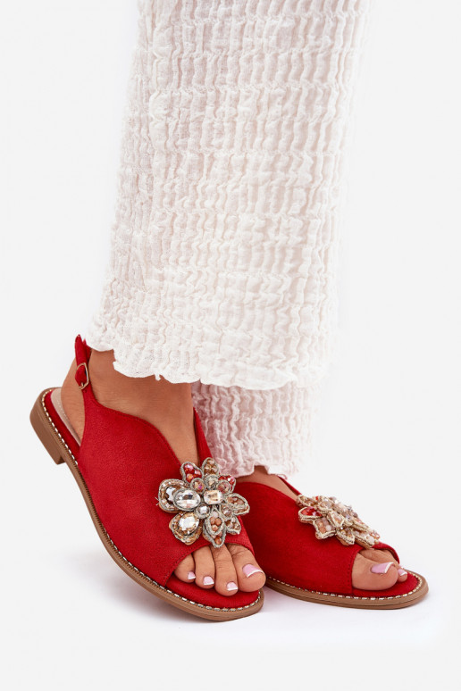 Sandálias femininas com salto largo com enfeites S.Barski KV27-001 cor vermelha Sandálias femininas com salto largo com enfeites S.Barski KV27-001 cor vermelha