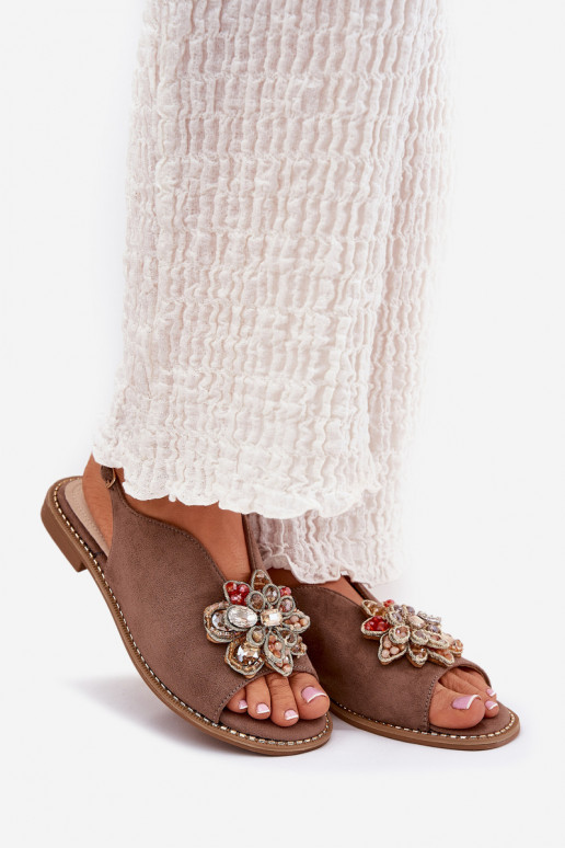 Sandálias femininas com salto largo com enfeites S.Barski KV27-001 bege Sandálias femininas com salto largo com enfeites S.Barski KV27-001 bege