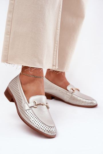 Pele mocassins femininos com enfeites com salto largo S.Barski LR51-594 cor prata