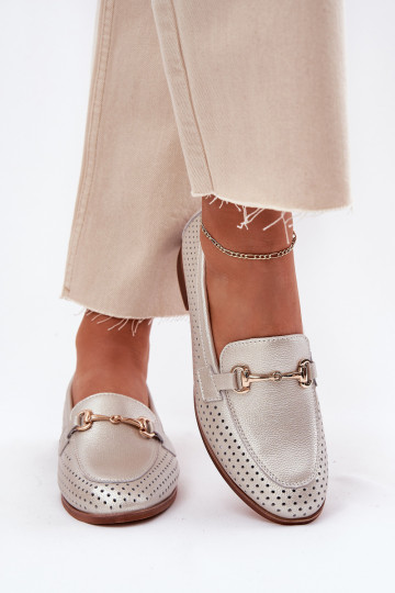 Pele mocassins femininos com enfeites com salto largo S.Barski LR51-594 cor prata 2