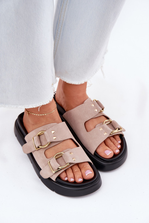 Chinelos femininos de camurça Com decoraçõesi com fivelasmi Big Star RR274659 Tom rosa claro