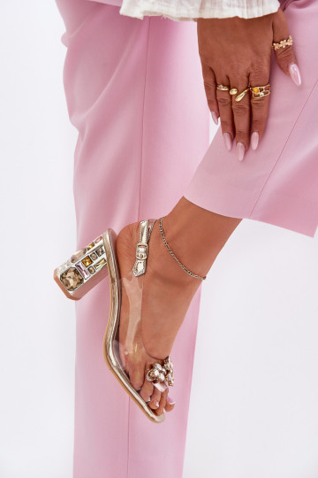 Transparente sandálias com salto com olhos brilhantes Vinceza 70110 cor dourada