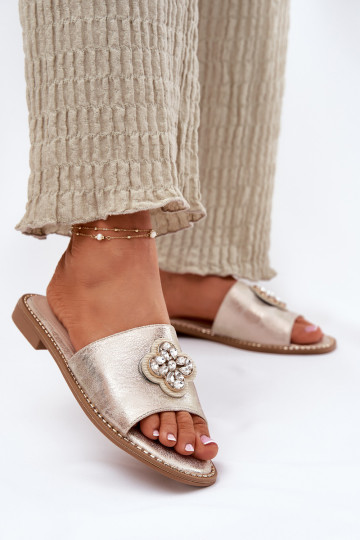 Chinelos femininos com salto largo Com decorações Detalem S.Barski KV51-087 cor dourada 2