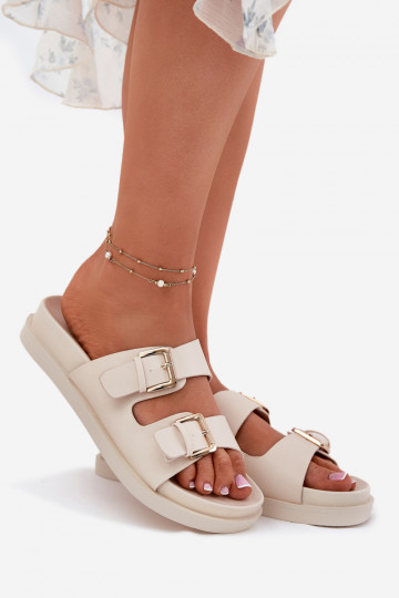 Chinelos femininos Ze cor douradami com fivelasmi bege Sonarea 2