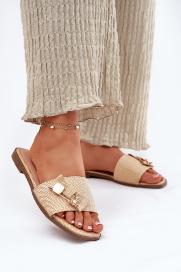 Chinelos femininos com salto largo com fitas bege Sallariela 2