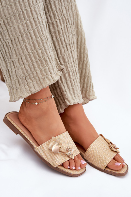 Chinelos femininos com salto largo com fitas bege Sallariela