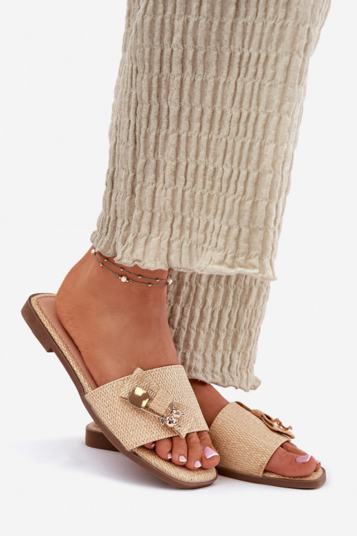 Chinelos femininos com salto largo com fitas bege Sallariela