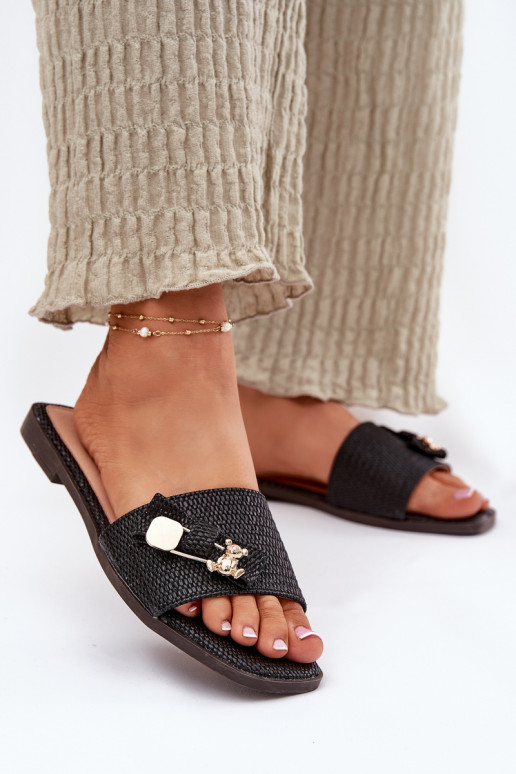 Chinelos femininos com salto largo com fitas cor preta Sallariela