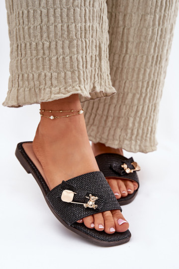 Chinelos femininos com salto largo com fitas cor preta Sallariela 2